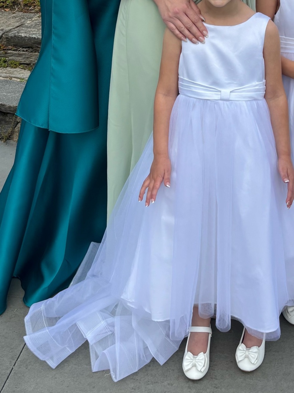 Azazie White Flower Girl Satin and Tulle Dress